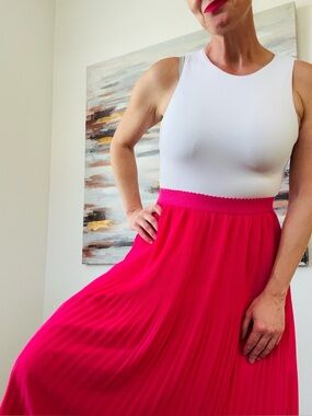NAKED ZEBRA Bright Pink Pleated MIDI Skirt Stretchy Small